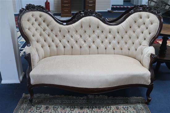 A pair of French mahogany button back sofas W.170cm
